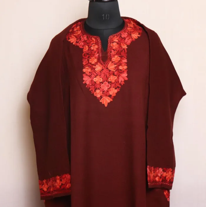 Ameena Maroon Raffal Winter Pheran with Border and Sleeve Embroidery - Image 2