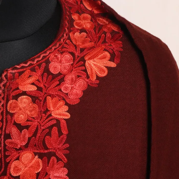 Ameena Maroon Raffal Winter Pheran with Border and Sleeve Embroidery - Image 3