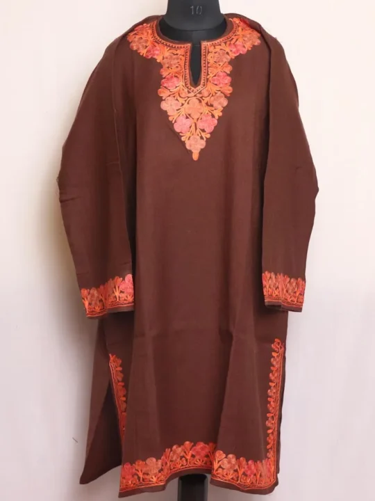 Fariha Chocolate Brown Raffal Pheran with Border and Sleeve Embroidery