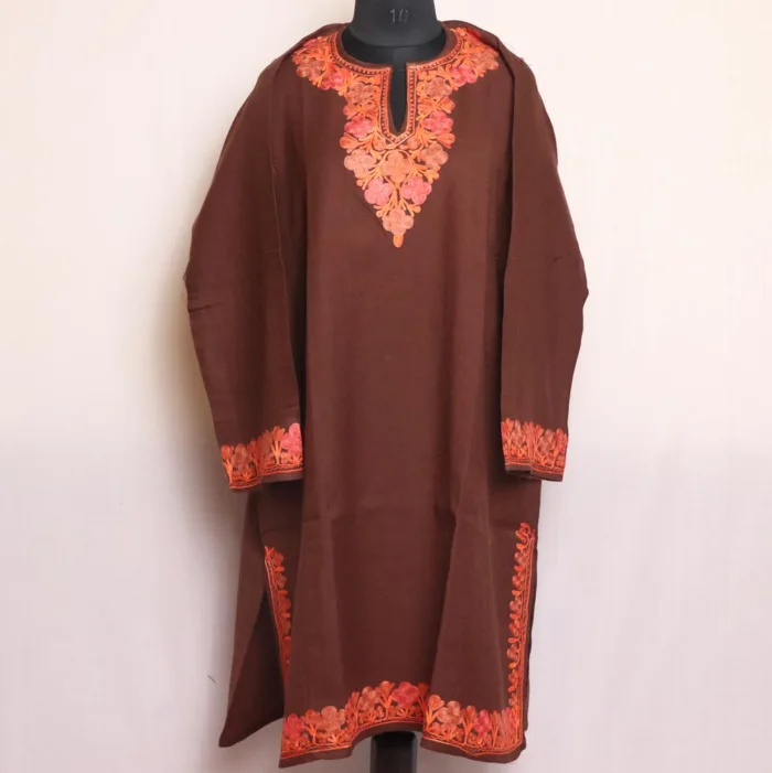 Fariha Chocolate Brown Raffal Pheran with Border and Sleeve Embroidery