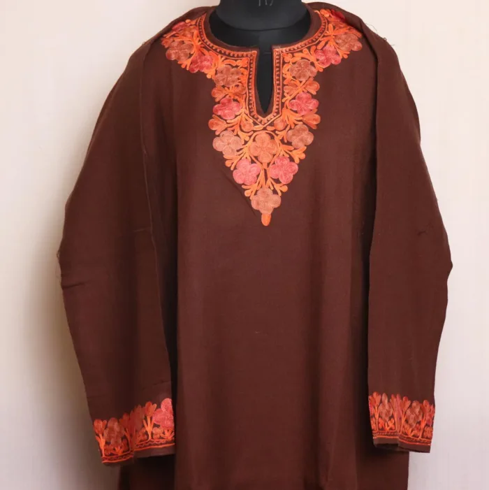 Fariha Chocolate Brown Raffal Pheran with Border and Sleeve Embroidery - Image 2