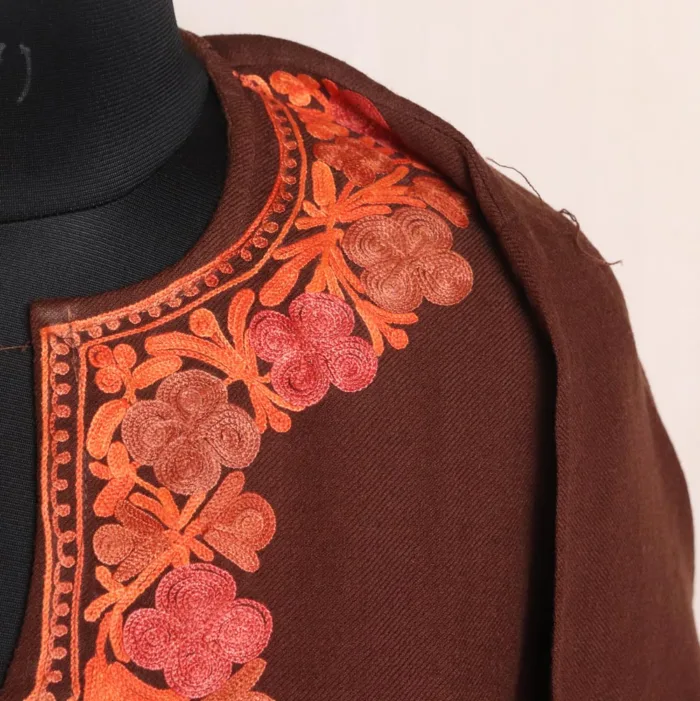 Fariha Chocolate Brown Raffal Pheran with Border and Sleeve Embroidery - Image 3