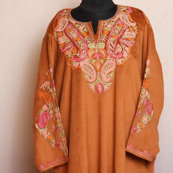 Nazia Velvet Mustard Kashmiri Pheran - Sleeve and Border Aari Embroiderey - Image 2