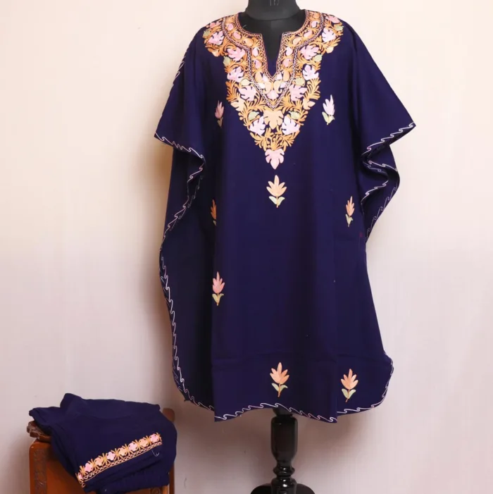 Elegant Blue Winter Cashmilon Kaftan Set With Aari Embroidery