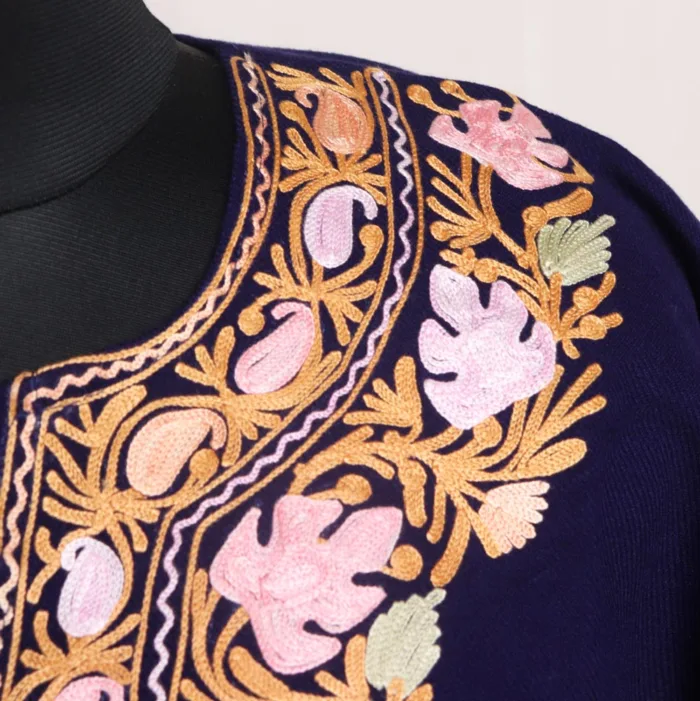Elegant Blue Winter Cashmilon Kaftan Set With Aari Embroidery - Image 3