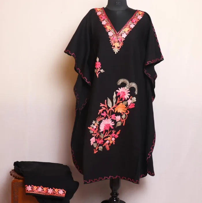Fareed Black Winter Cashmilon Kaftan Set With Aari Embroidery