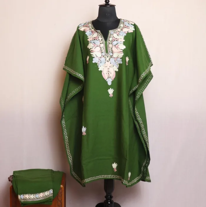 Bazila's Green Cashmilon Kaftan Set With Aari Embroidery