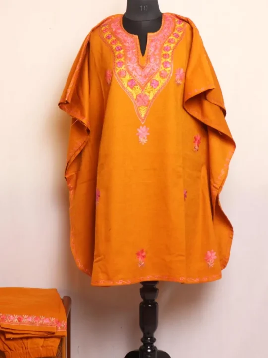 Mustard Cashmilon Kaftan Set With Detailed Aari Embroidery