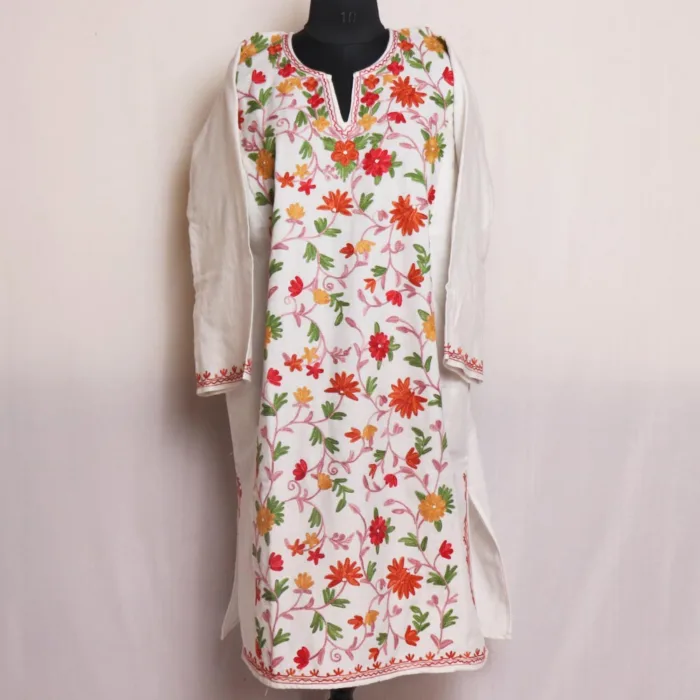 White Kashmiri Ze rang Jaal Front Panel Design Aari Embroidered Cashmilon Pheran - Mufeeza Collection