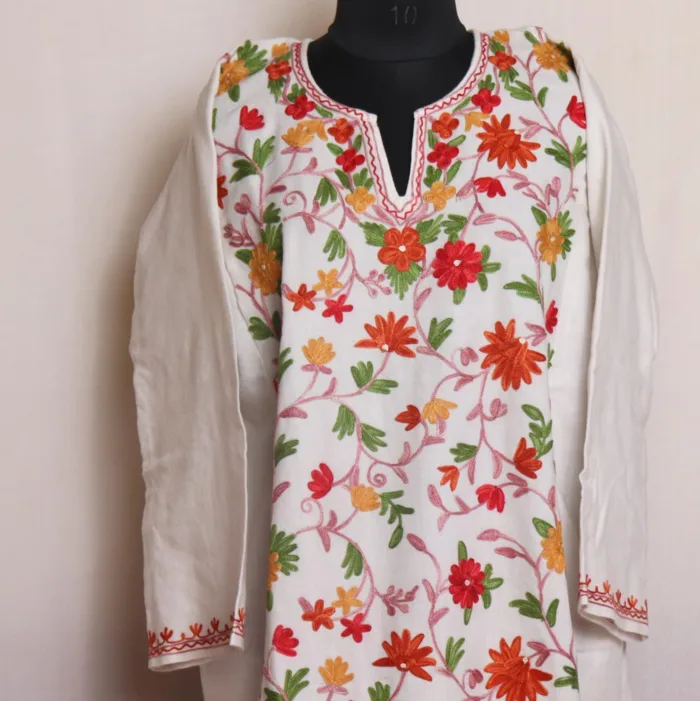 White Kashmiri Ze rang Jaal Front Panel Design Aari Embroidered Cashmilon Pheran - Mufeeza Collection - Image 2