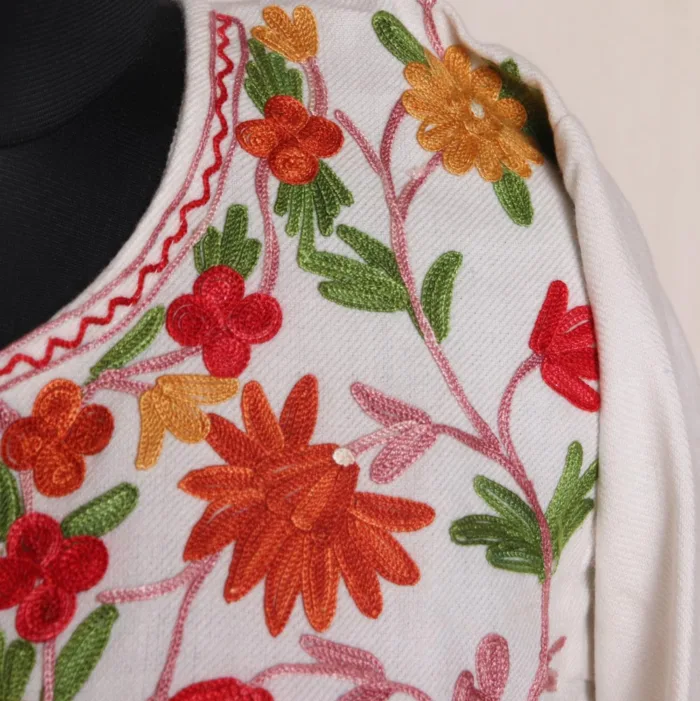 White Kashmiri Ze rang Jaal Front Panel Design Aari Embroidered Cashmilon Pheran - Mufeeza Collection - Image 3
