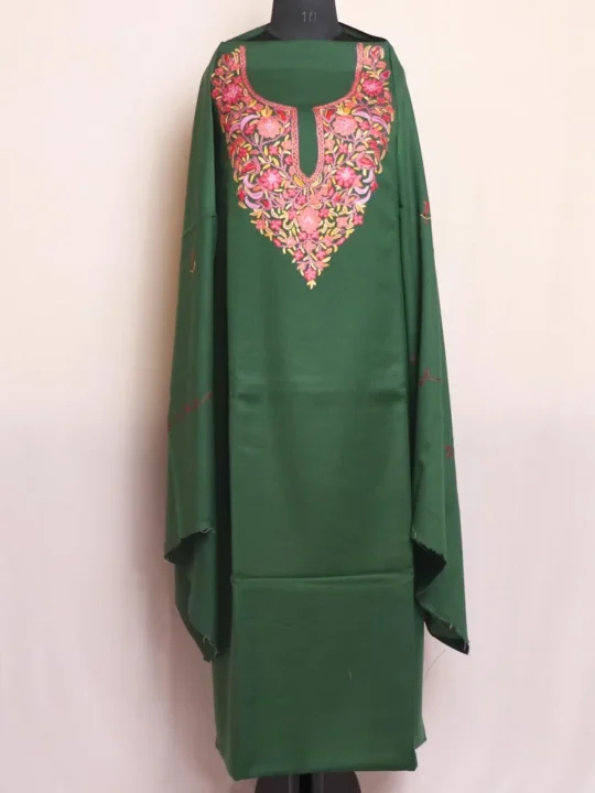 Green Polywool Unstitched Suit with Hand Aari Embroidery - Elegent Hand Embroidery