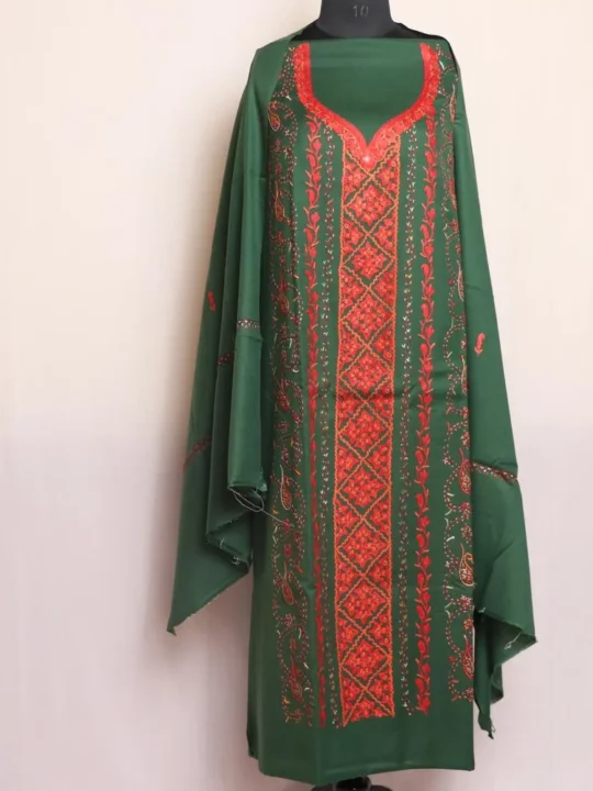 Green Hand Jaal Aari Embroidered Unstitched Polywool Suit - Elegent Sozni Work