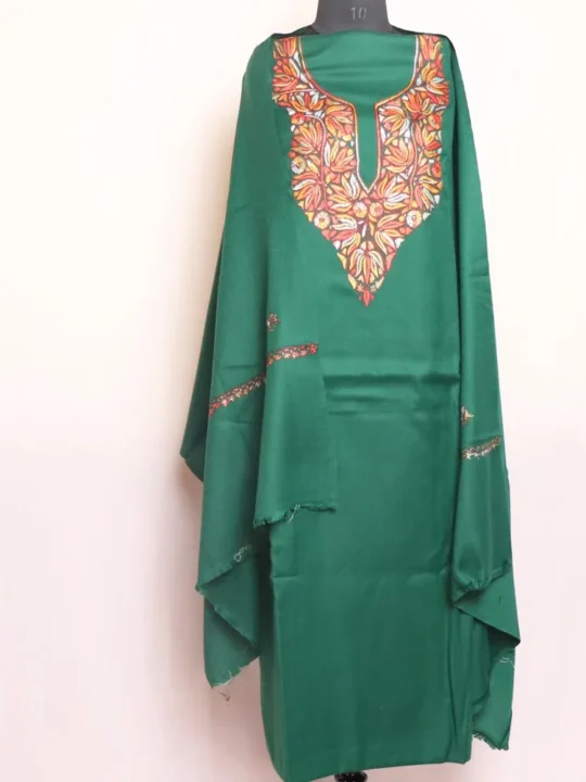 Green Unstitched Suit with Hand Paper Machie Sozni Embroidery