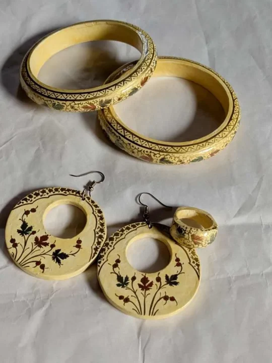 Yellow Beautiful Paper Mache Jewelry Set | Earrings, Bangles, and Ring