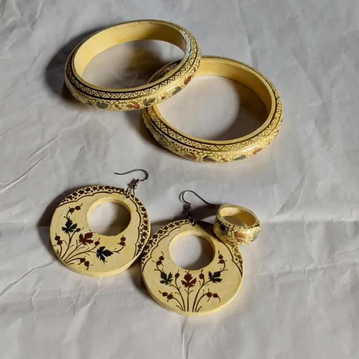 Yellow Beautiful Paper Mache Jewelry Set | Earrings, Bangles, and Ring