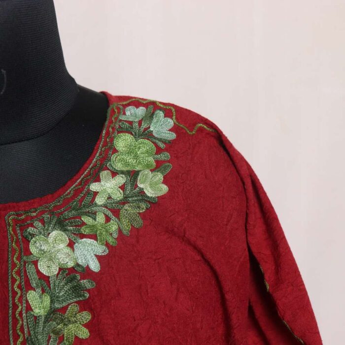 Aria's Maroon Summer Short Cotton Kids Kaftan - Floral Aari Embroidered - Image 3