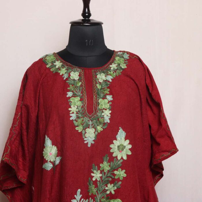 Aria's Maroon Summer Short Cotton Kids Kaftan - Floral Aari Embroidered - Image 2