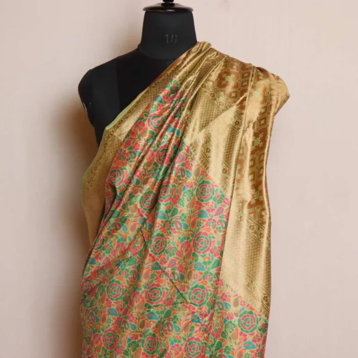 Green Floral Rose Salma Kani with Zari Saree - Image 2