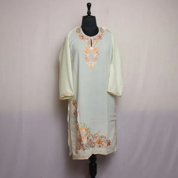 Kashmiri Light Yellow Mehnoor Summer cool Aari Embroidered Kurti 42