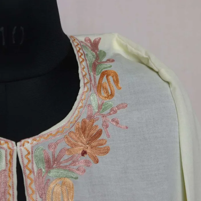 Kashmiri Light Yellow Mehnoor Summer cool Aari Embroidered Kurti 42 - Image 2