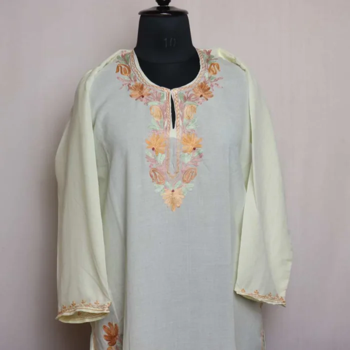 Kashmiri Light Yellow Mehnoor Summer cool Aari Embroidered Kurti 42 - Image 3