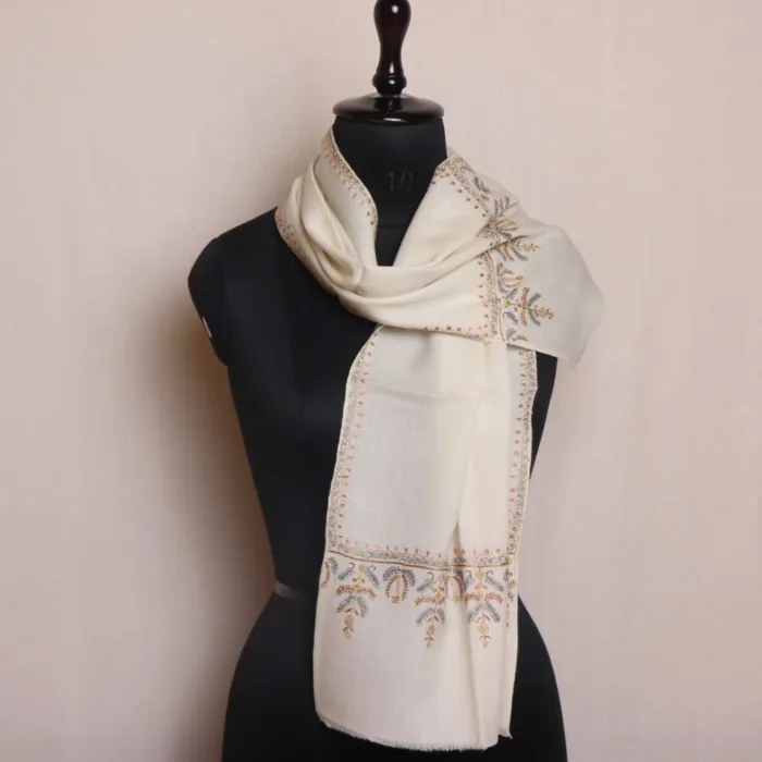 Classy White Muffler with Hand Sozni Embroidery - Classic Charm