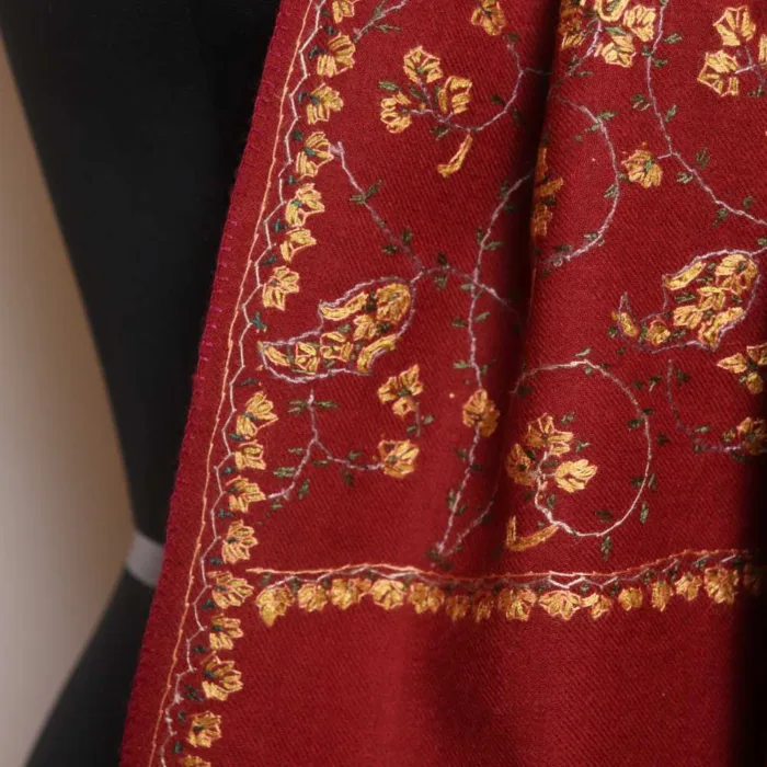 Maroon Big Border Hand Sozni Embroidered Woolen Muffler - Heritage Style - Image 3
