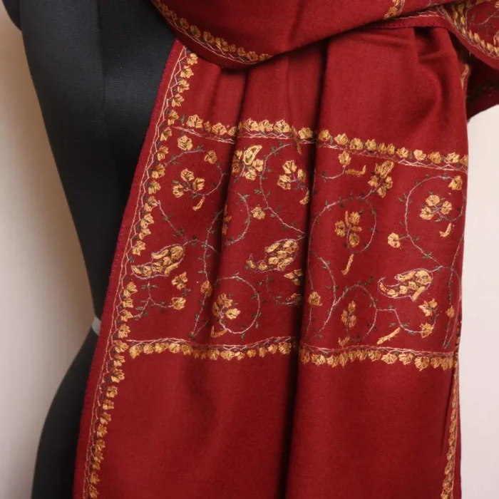 Maroon Big Border Hand Sozni Embroidered Woolen Muffler - Heritage Style - Image 4