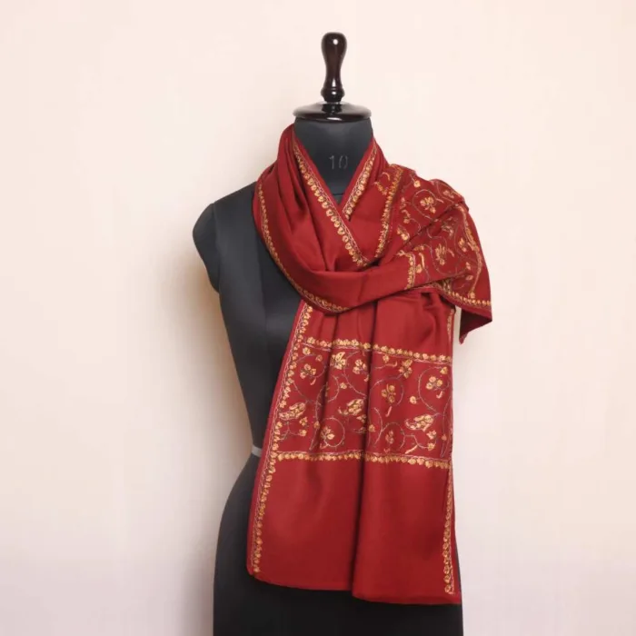 Maroon Big Border Hand Sozni Embroidered Woolen Muffler - Heritage Style