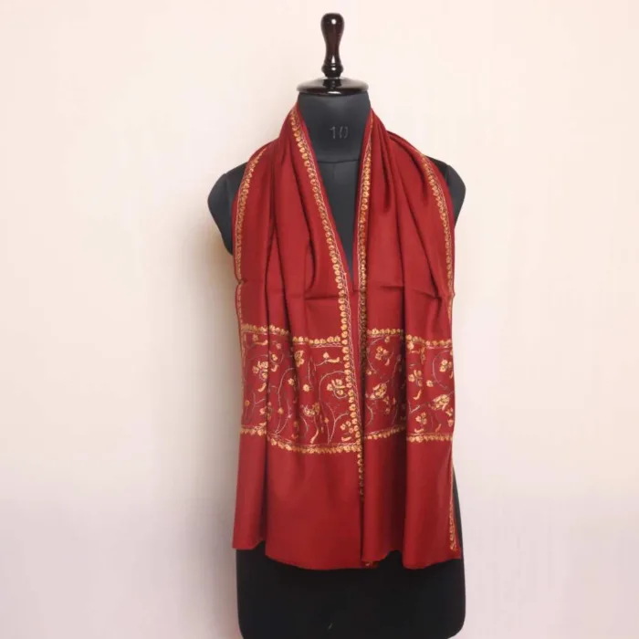 Maroon Big Border Hand Sozni Embroidered Woolen Muffler - Heritage Style - Image 2