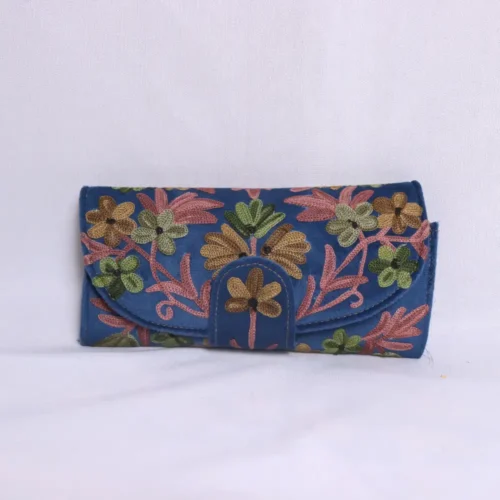 Gulnaz Velvet Blue Wallet with Classic Aari Detailing
