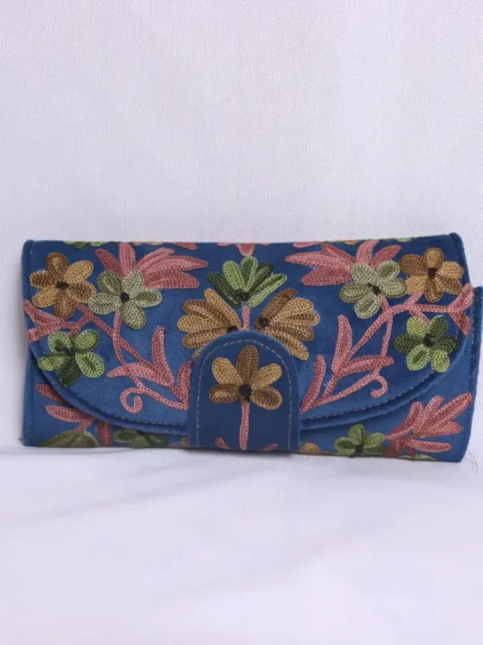 Gulnaz Velvet Blue Wallet with Classic Aari Detailing