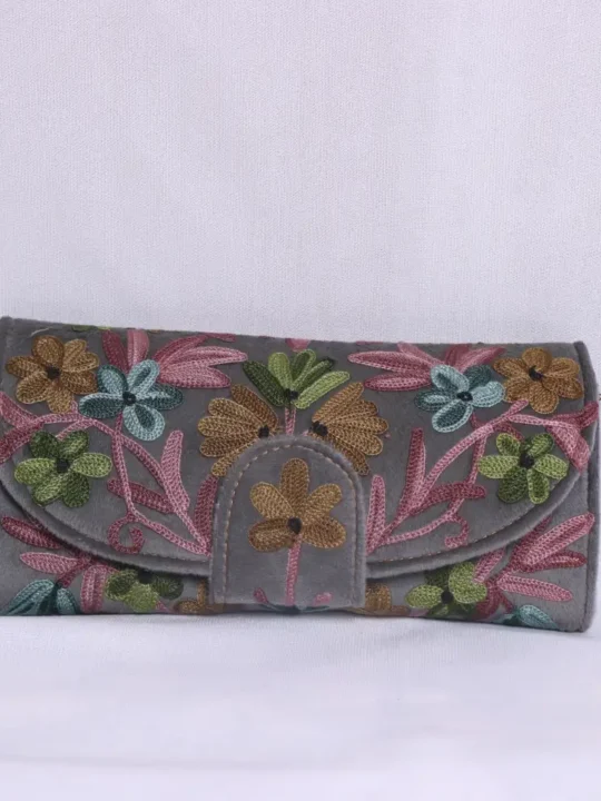 Meher Velvet Grey Wallet - Aari Embroidery