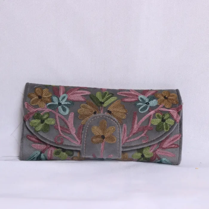 Meher Velvet Grey Wallet - Aari Embroidery