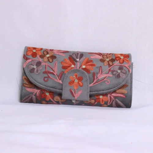 Reshma Velvet Grey Wallet - Sleek Aari Embroidered Design