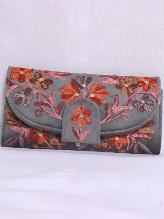 Reshma Velvet Grey Wallet - Sleek Aari Embroidered Design