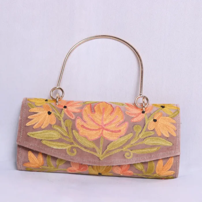 Pari Beige Velvet Clutch Bag with Handle - Aari Embroidered