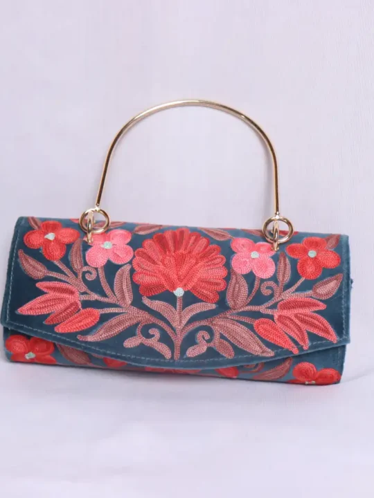 Laila Blue Velvet Clutch Bag with Beautiful Aari Design