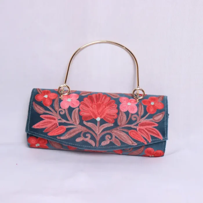 Laila Blue Velvet Clutch Bag with Beautiful Aari Design