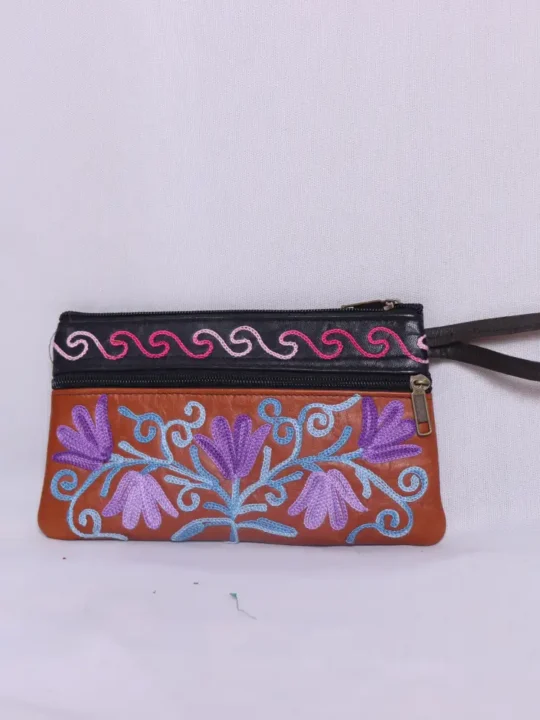 Rehana Suede Orange Zip Bag with Classic Aari Design