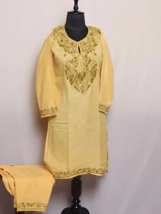 Sana Kashmiri Yellow Summer Kurta Set with Elegent Aari Work