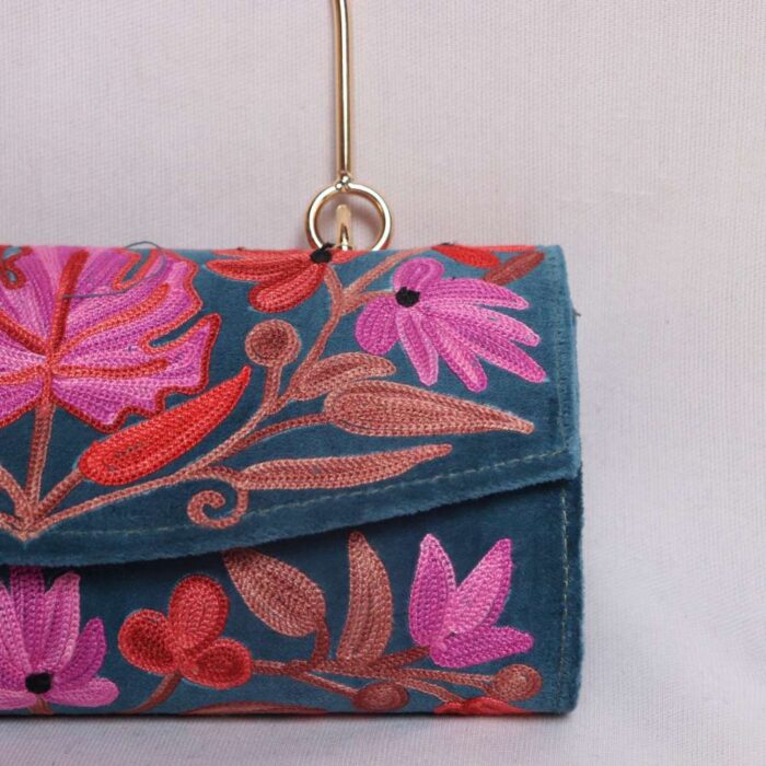 Blue Rani Velvet Clutch Bag with Floral Aari Embroidery - Image 2