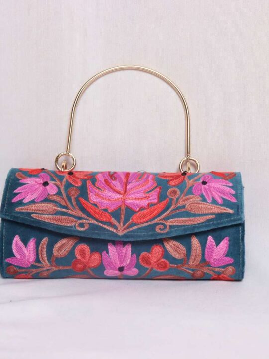 Blue Rani Velvet Clutch Bag with Floral Aari Embroidery