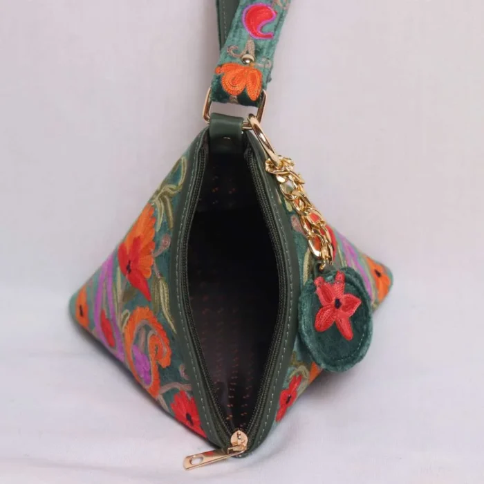 Pari Green Velvet Potli Bag Pyramid Shaped - Aari Embroidered - Image 3