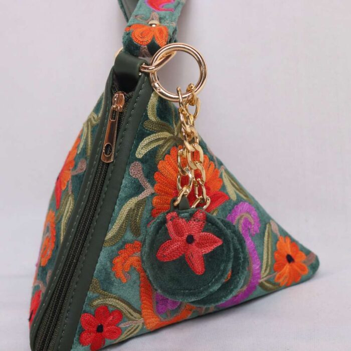 Pari Green Velvet Potli Bag Pyramid Shaped - Aari Embroidered - Image 2