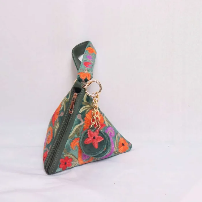 Pari Green Velvet Potli Bag Pyramid Shaped - Aari Embroidered