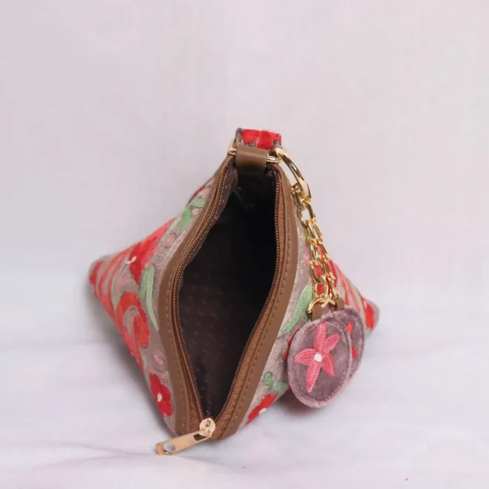 White Rani Velvet Potli Bag Pyramid Shaped with Floral Aari Embroidery - Image 3