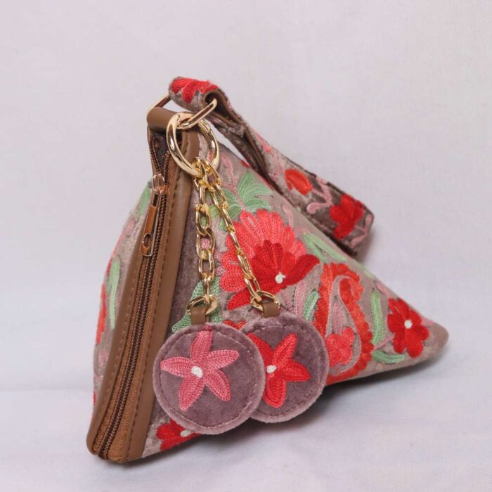 White Rani Velvet Potli Bag Pyramid Shaped with Floral Aari Embroidery - Image 2