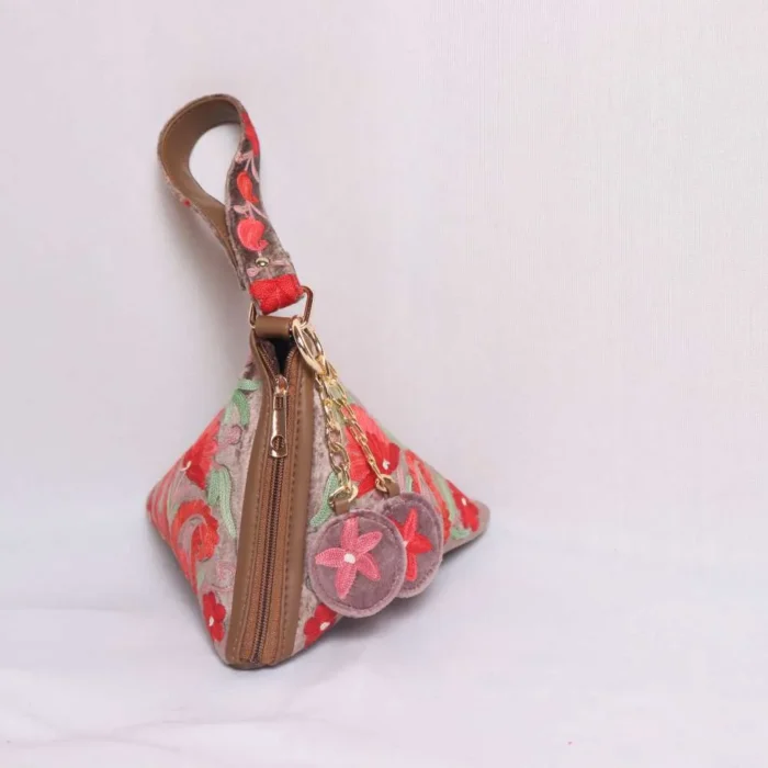White Rani Velvet Potli Bag Pyramid Shaped with Floral Aari Embroidery
